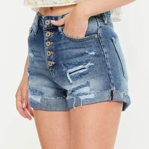 KanCan Distressed Button Fly High Rise Cuffed Shorts Blue M